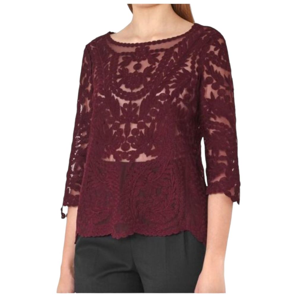 REISS Alden Lace 3/4 Sleeve Claret Burgundy Semi Sheer Blouse Top Large